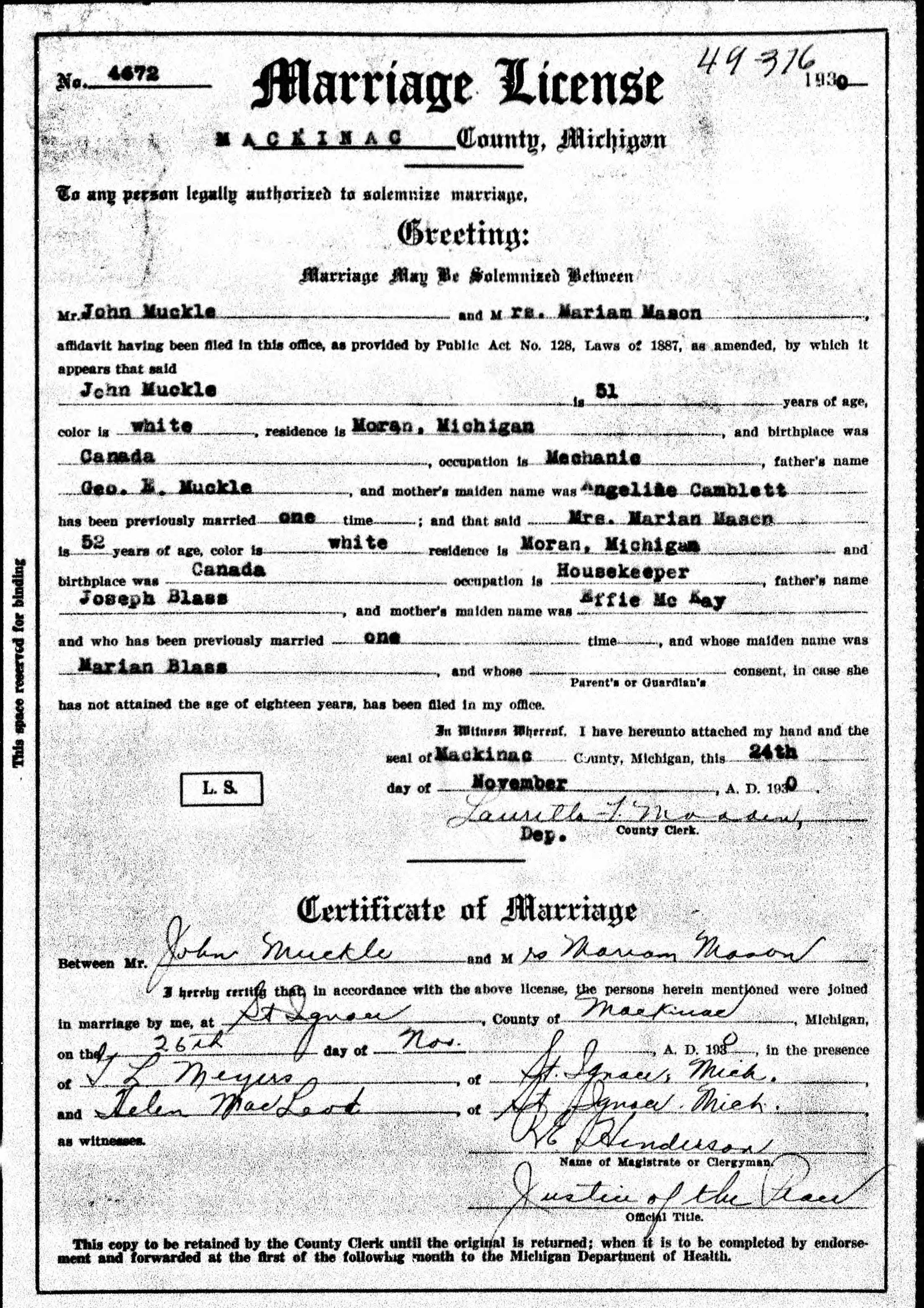 Marriage of Mariam Mason and John Muckle